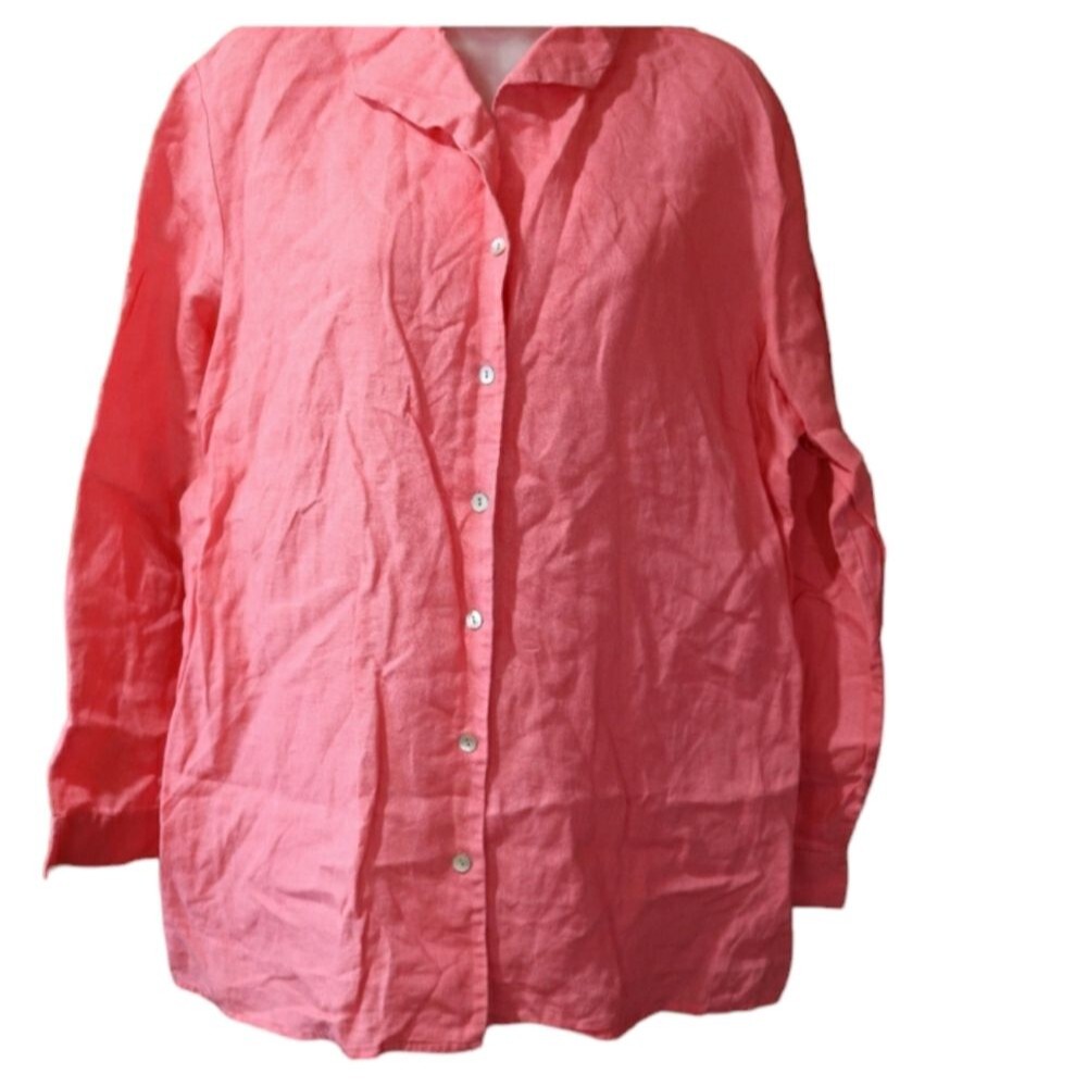 Edward Irish Linen Coral Roll Tab Safari Sleeve Button Down Shirt Top Blouse XL